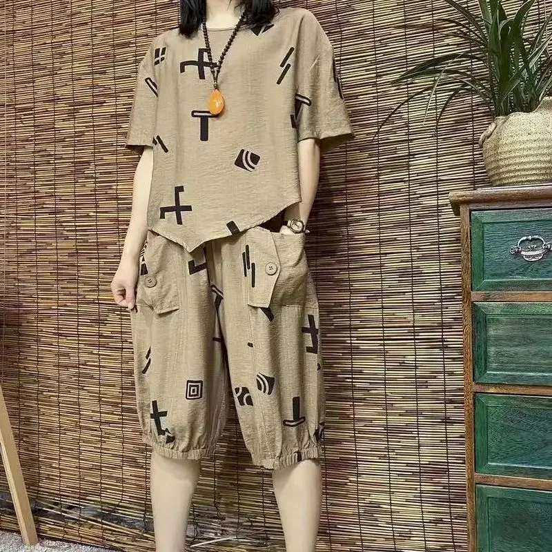 Summer T Shirts Sets Women Fashion Short Sleeve Casual Loose Irregular T-shirt Harem Five Pants Cotton Linen Two Piece Set Woman