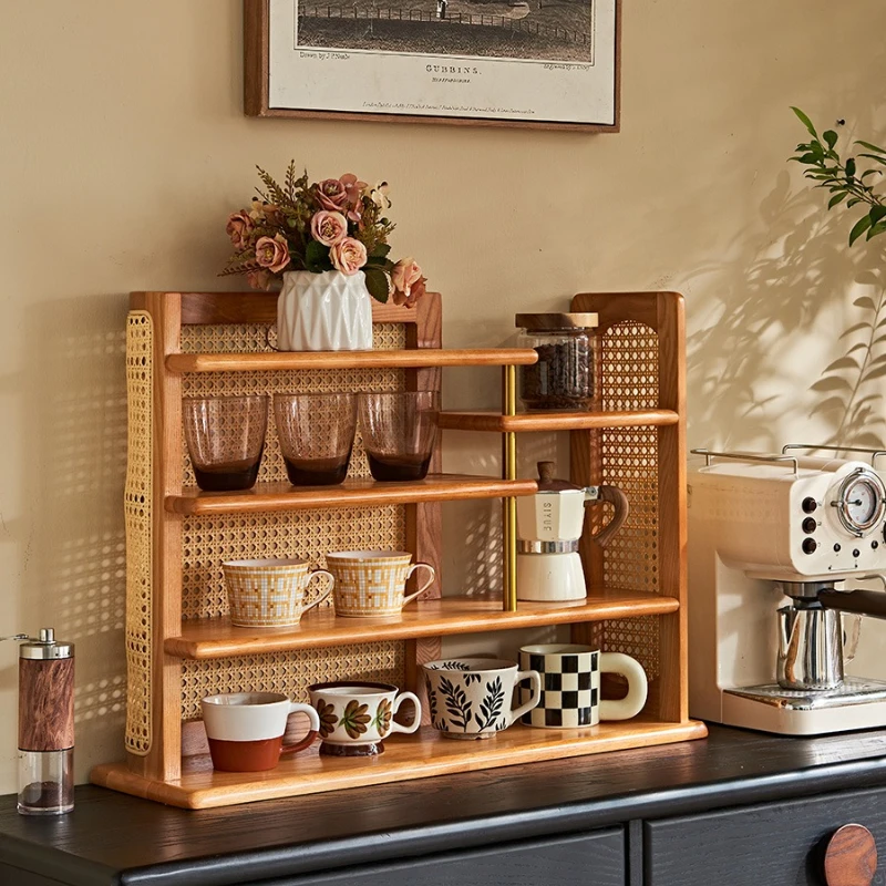 Retro rattan cup holder, tea table rack, desktop heightening rack, kung fu tea cup, coffee cup, countertop storage display rack