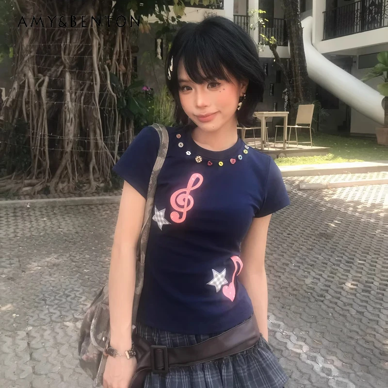 

Original Design Music Note Embroidery Colored Button Women's Short-sleeved T-shirt 2026 New Sweet Cool Slim Versatile Top Ladies