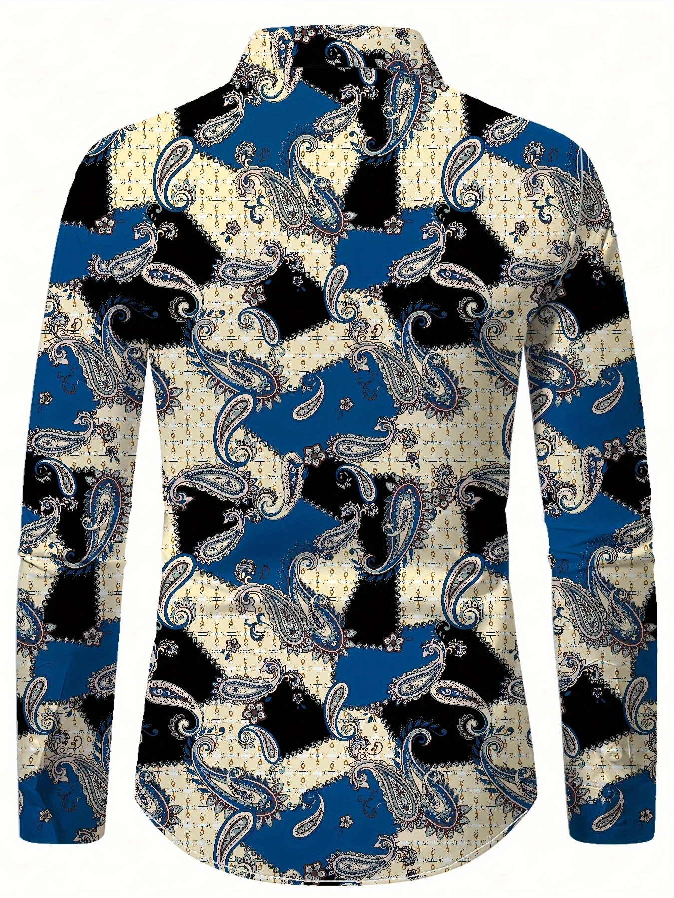 Men Long Sleeve Button Down Shirt Blue Beige Paisley Patchwork Print Polyester Lapel Collar Casual