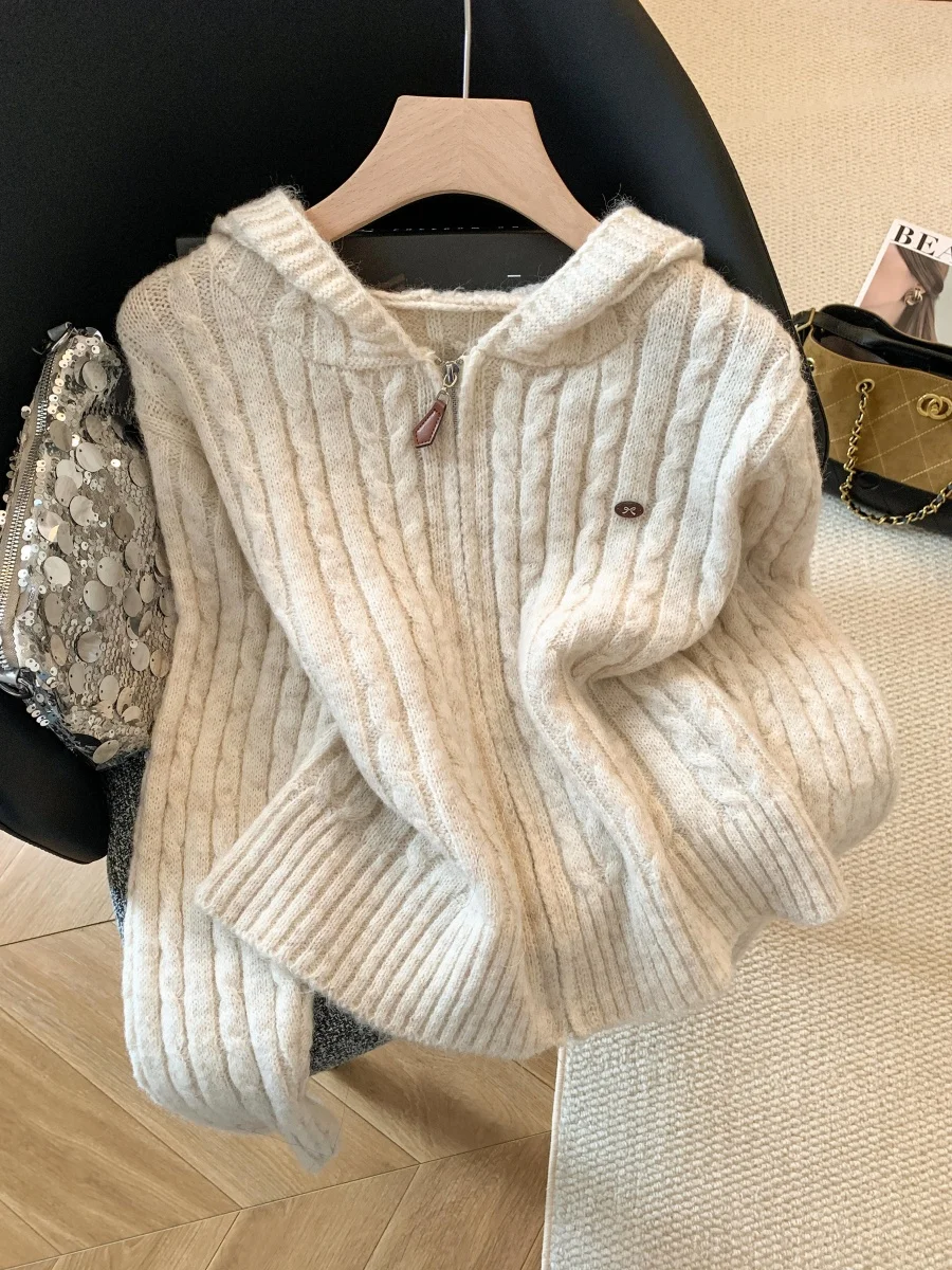 

Женский ленивый кардиган с капюшоном, свободный повседневный вязаный свитер, куртка, универсальный осенний топ