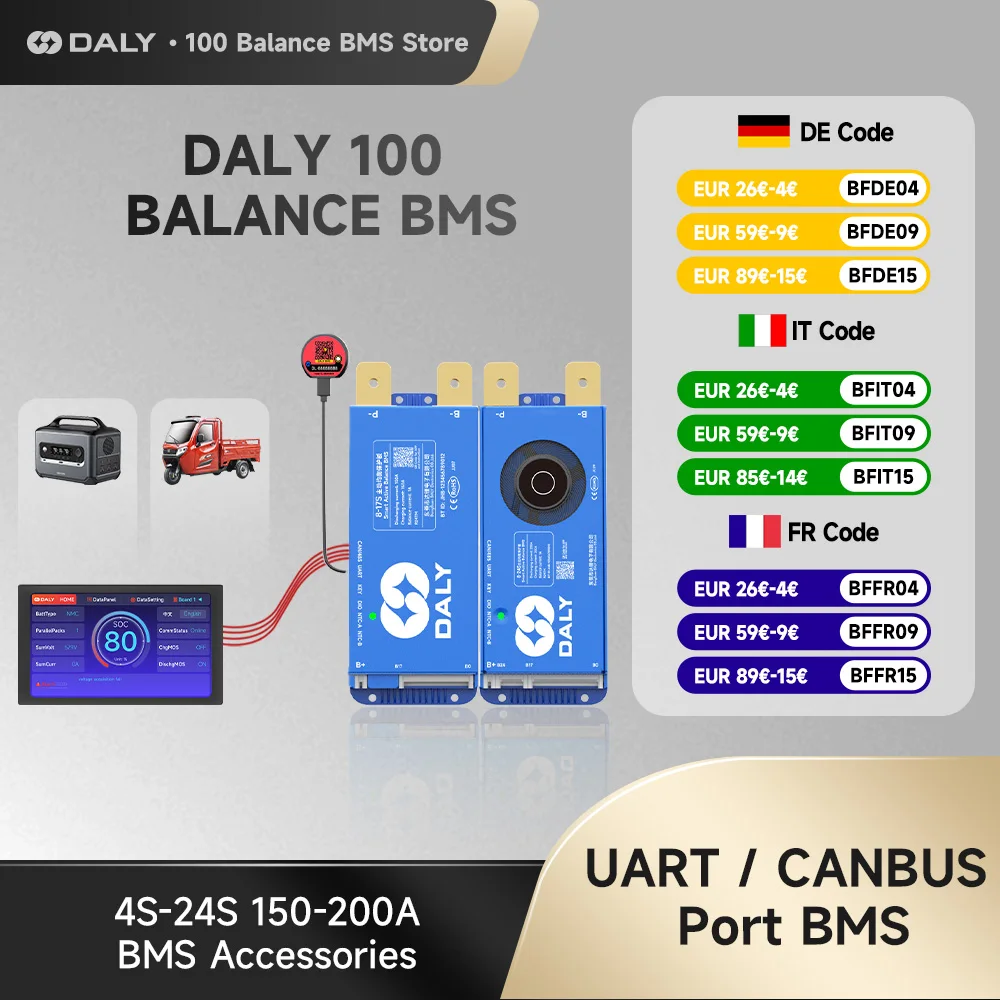 

Smart DALY 100 Balance BMS 150A 200A Active Balance 1A 4S12V 8S24V 16S48V RS485 WIFI Build in Bluetooth for Lifepo4 Li-ion LTO
