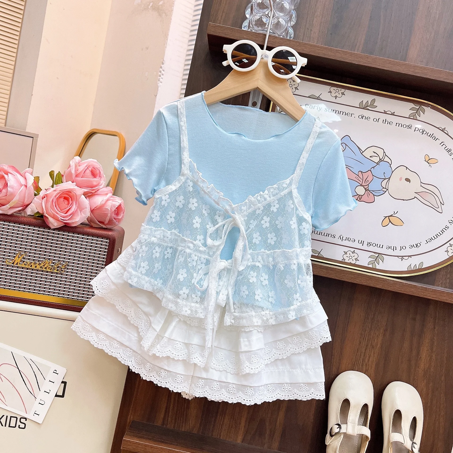 Girls 2026 Spring Summer Clothing Set Lace Fake Two‑Piece Short Sleeve Top & Lace Skort for Baby Girls