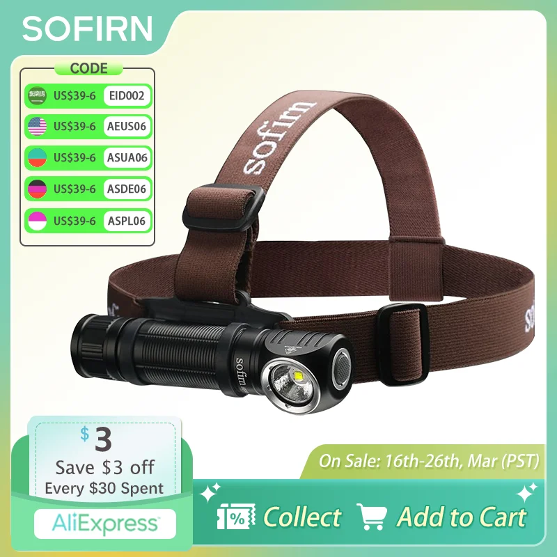 Sofirn Headlamp HS40 USB C Rechargeable 18650 Super Bright SST40 LED Torch 2000lm Flashlight with 2 Modes Power Indicator