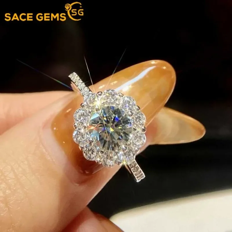 

SACE GEMS GRA Certified D Color 1ct Moissanite Ring 925 Sterling Silver Plated with 18k White Gold Rings for Women Fine Jewelry