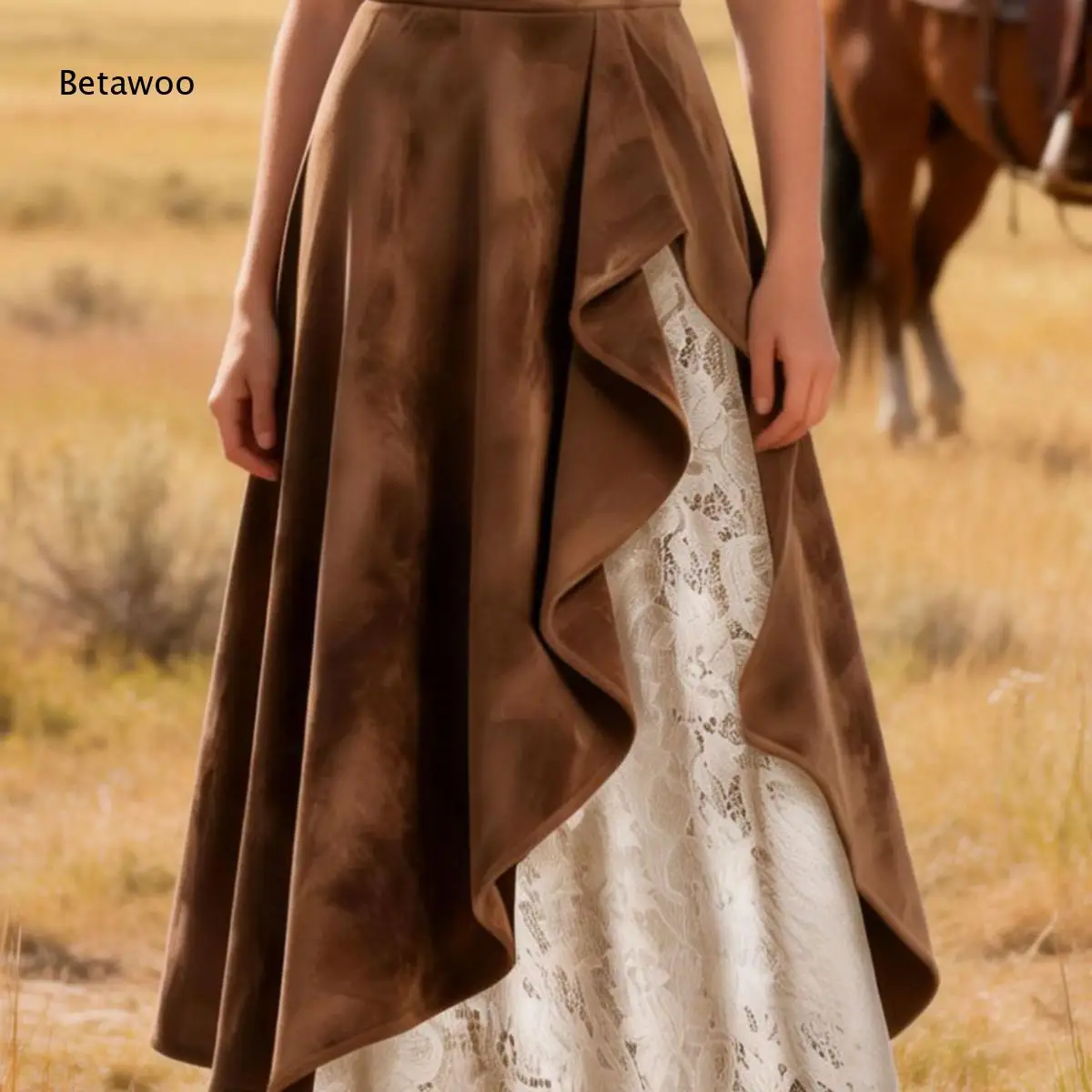Retro Skirt Ladies High Waist Ruffle Wrap Suede Outer Skirt White Floral Lace Inner Skirt Asymmetrical Hem Skirt