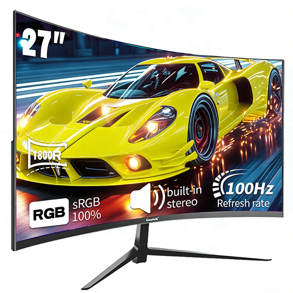 Monitor curvo para juegos Gawfolk de 27 pulgadas y 100 Hz, pantalla para PC Full HD 1080P, pantalla para computadora sin marco de 1800R con FreeSync – Negro