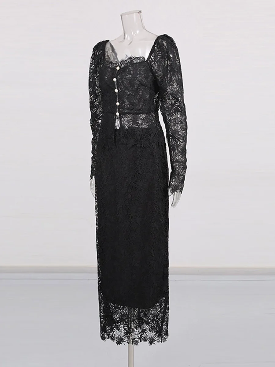 CHICEVER Set Dua Potong Renda Hitam Berpotongan Persegi Kerah Persegi Lengan Panjang Jaket Transparan Seksi Set Rok Wanita Mode Musim Gugur