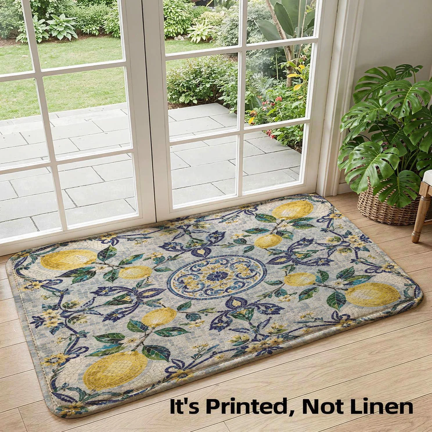 Decorative Lemon Floral Pattern Welcome Doormat Outdoor Indoor Entryway Rug Blue Yellow Cottage Style Hallway Porch Runner Mat H