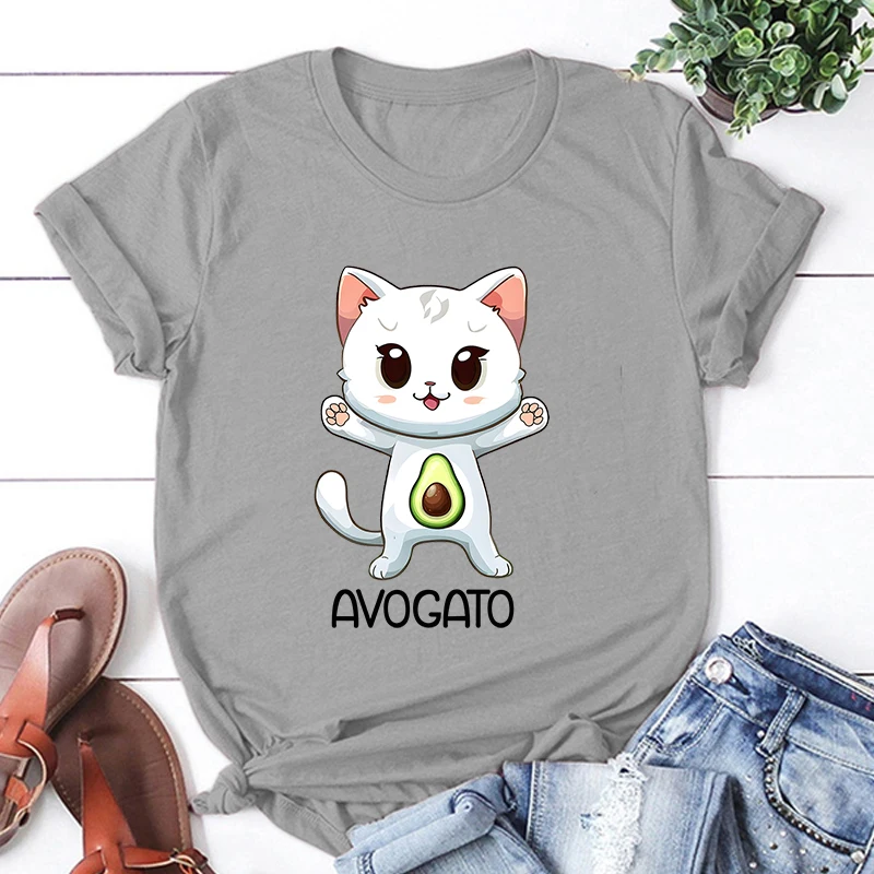 Funny Avocado Cat Print T-Shirt Summer Casual Graphic T Shirt Women Men Short Sleeve Round Neck Shirts