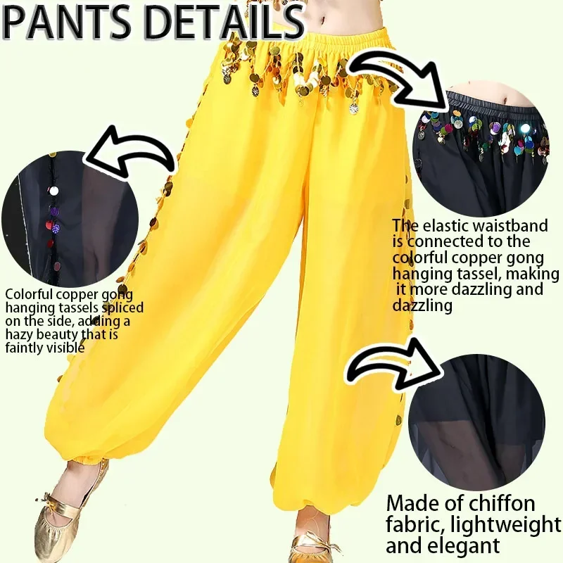 سراويل الرقص الشرقي، سراويل شيفون نسائية مطرزة بالترتر واسعة الساق، أزياء أداء الرقص الهندي اليومي للهالوين #3