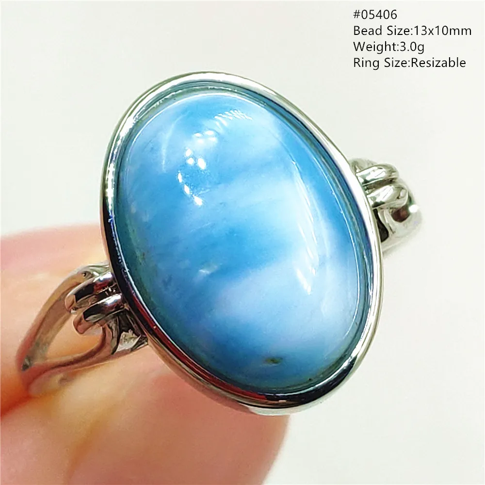 Natural Blue Larimar Oval Adjustable Ring Jewelry Water Pattern Real Larimar For Women Men Healing Fashion Stone AAAAAA