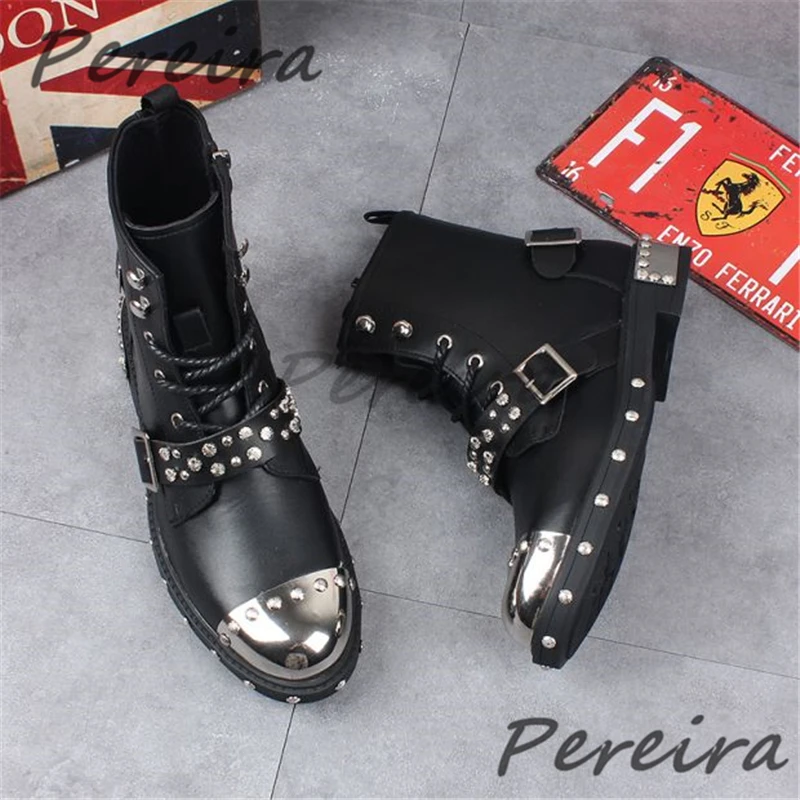 

Punk Studded Buckle Metal Rivet Men's Boots British Style Pointy Toe Thick Soled Motorcycle Boots Autumn Winter New Male Shoes