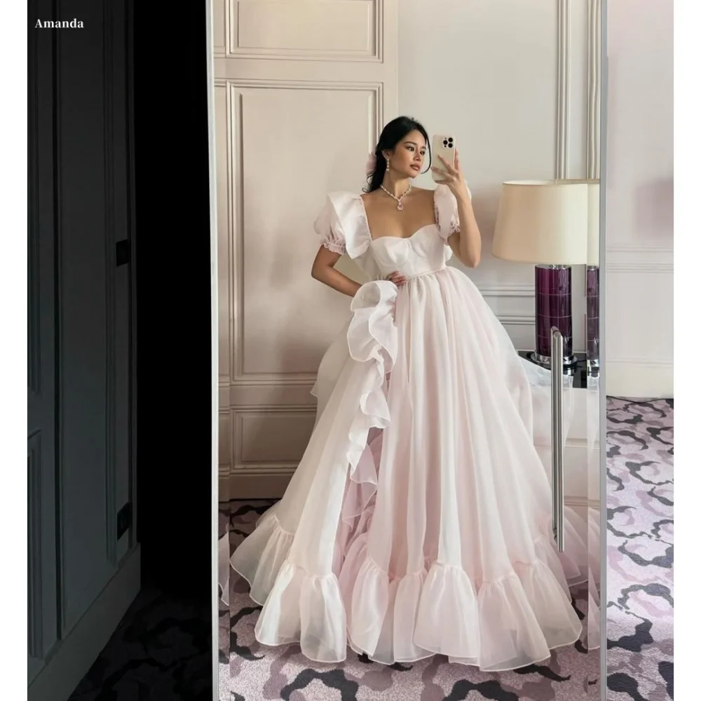 Amanda Customized Pink Strapless Square Collar Prom Dresses A-line Organza vestidos de noche Floor-Length Formal Evening 2025