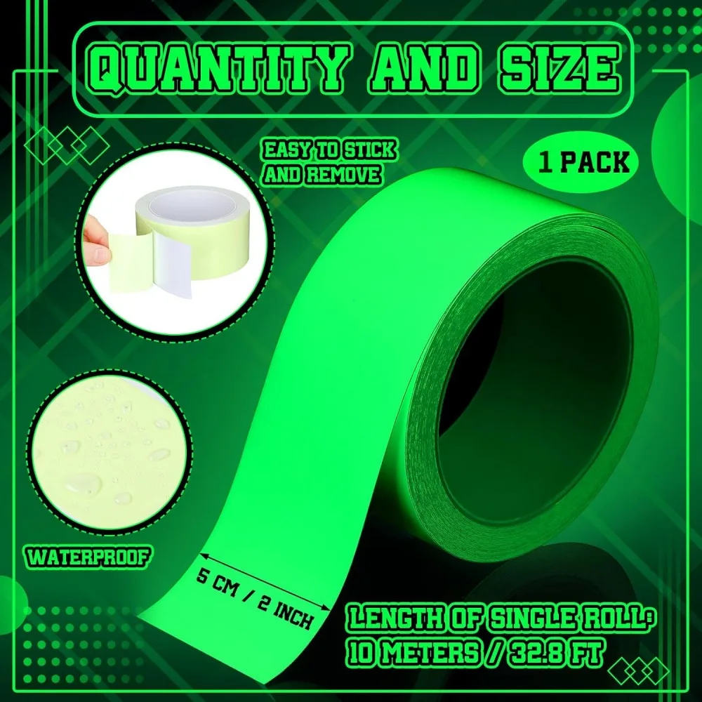 Glow in The Dark Tape, 5cm X 10m Luminous Safety Tape for Stairs, Fire Exits, and Stage Marking, Waterproof Photoluminescent Tape for Night Safety