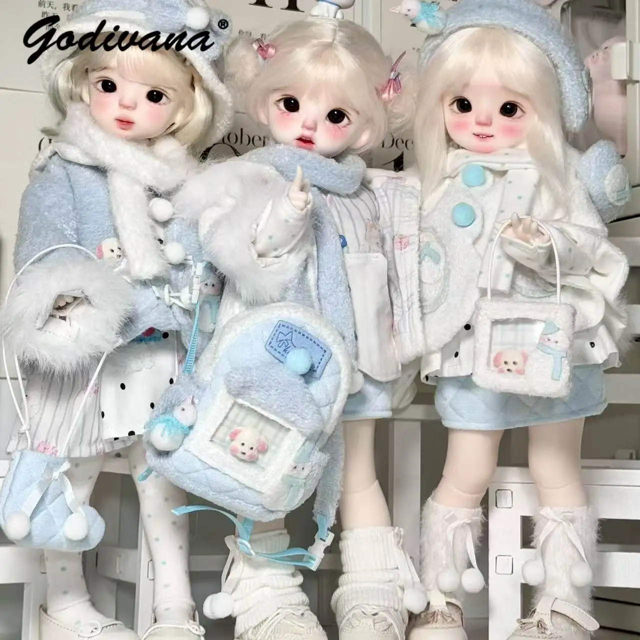 Kawaii Winter Snow Animal BJD Doll Clothes Furry Cape Hat Scarf Plaid Print Top Shorts / Skirt Mini Bag Set for 1/6 BJD Doll