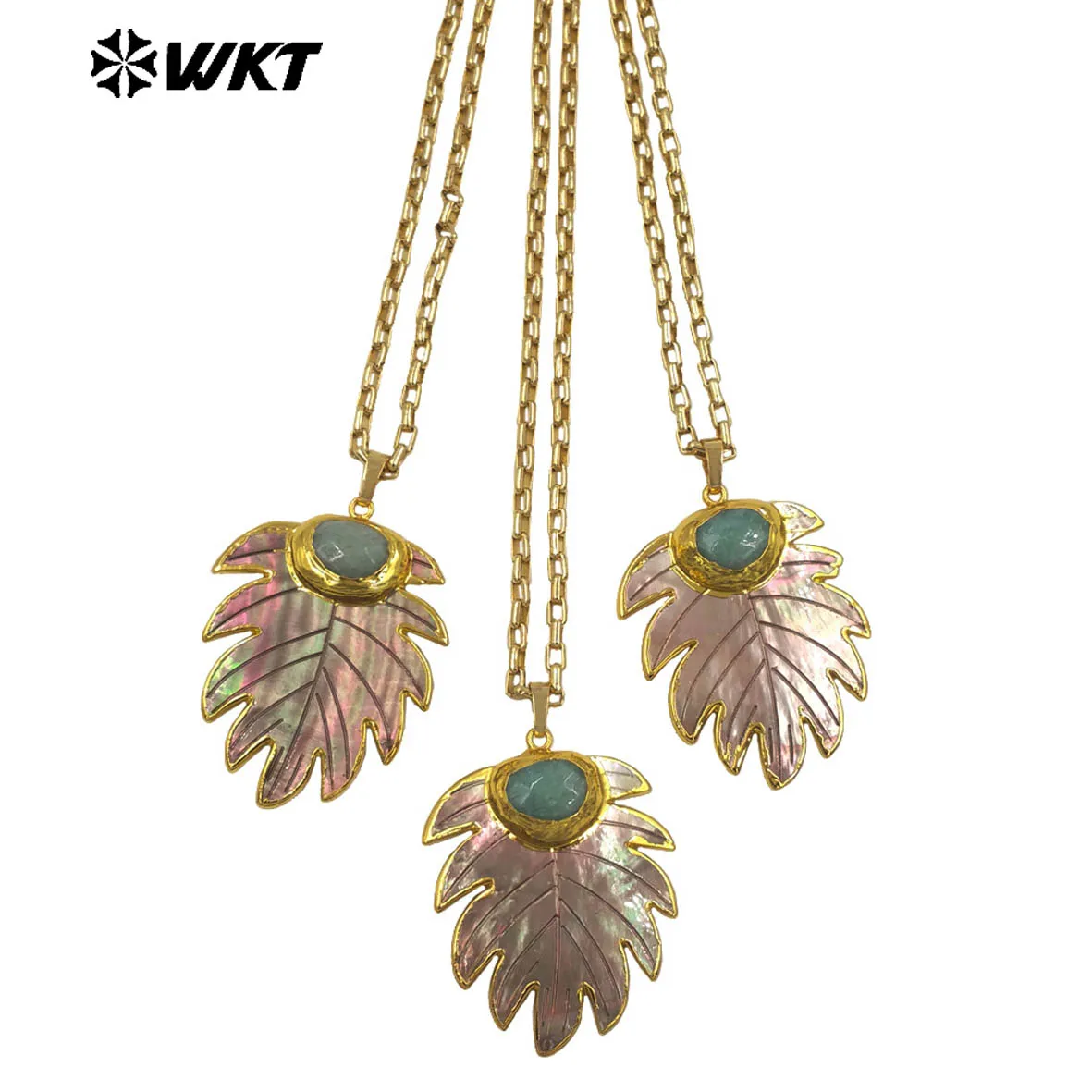 WT-JN377 Special Leaft Shape Natural Shell And Amazonite Stone Beads Paved In 18k Gold Plated Fine 18+2 Inch Necklace