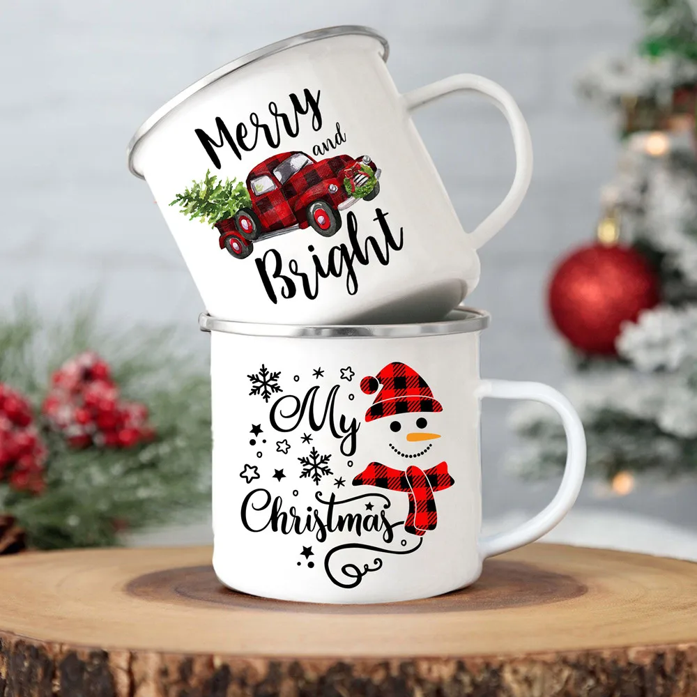 

Snowman Truck Printed Creative Coffee Cup Christmas Party Drink Wine Hot Cocoa Chocolate Cups Handle Enamel Mugs Christmas Gifts