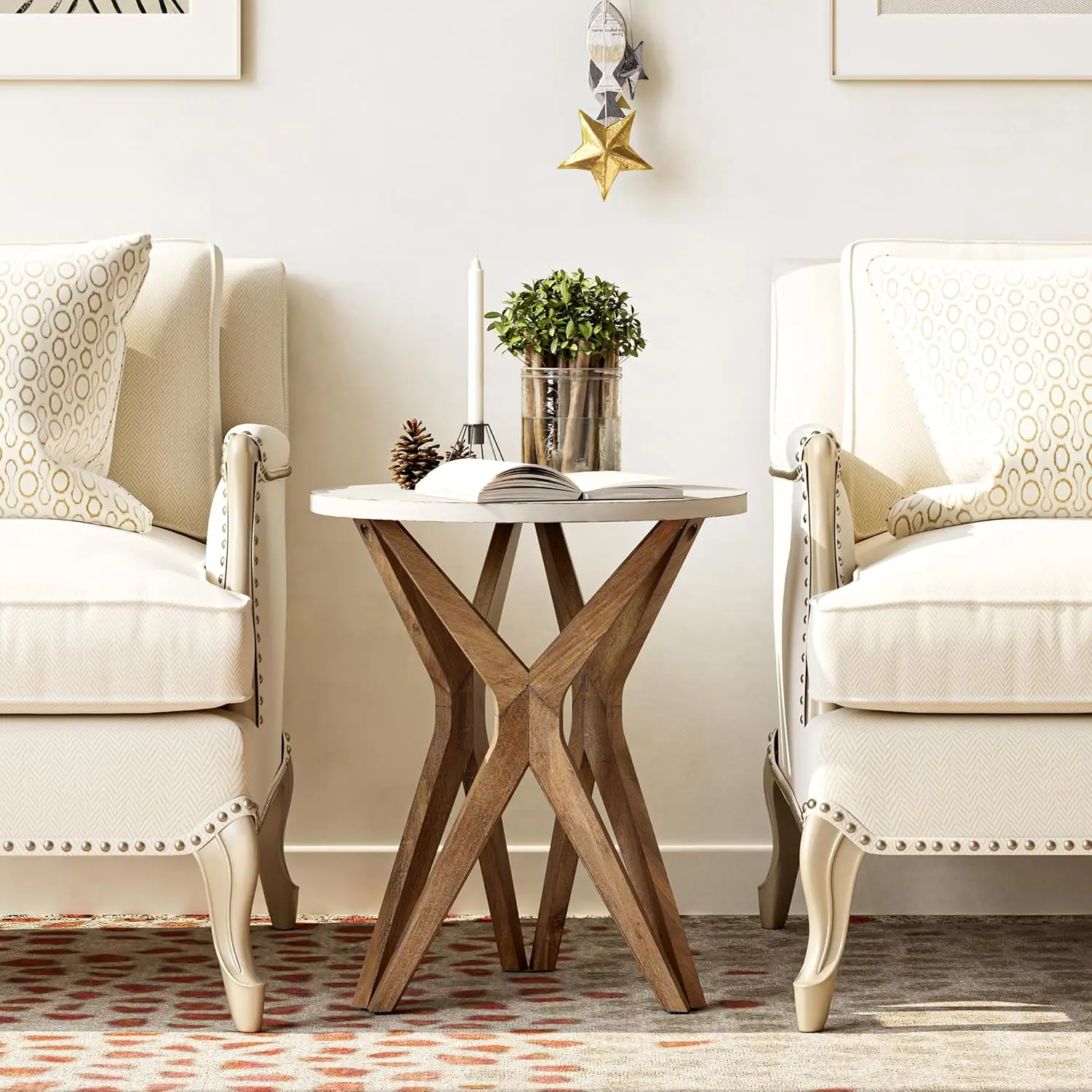 Tripod Base Bedside Table for Living Room, Modern, Boho Decor, Round (1 Pack, White & Walnut)