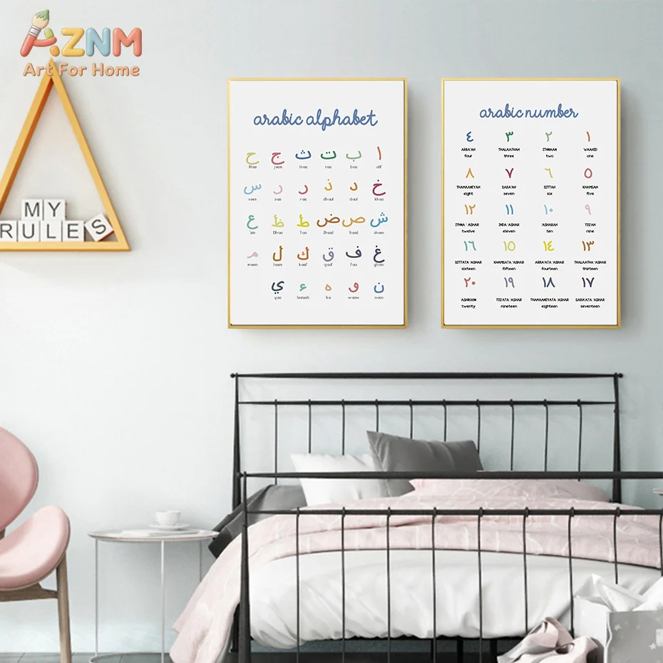 AZNM Arabic Alphabet Number Educational Canvas Wall Art Islamic Learning Nursery Decor Poster view 2