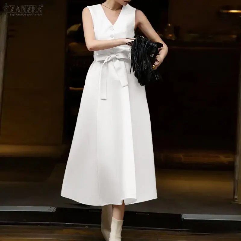 Elegantes Sommer-Satinkleid 2026 ZANZEA Damen Ärmelloses Büro-Sommerkleid Lässiges Einfarbiges Urlaubskleid Stilvolles V-Ausschnitt Partykleid