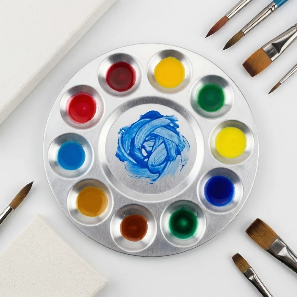 Aluminium Material Watercolor Paint Palette 10 Compartments Washable Paint Mixing Palette Metal Construction Round Shape