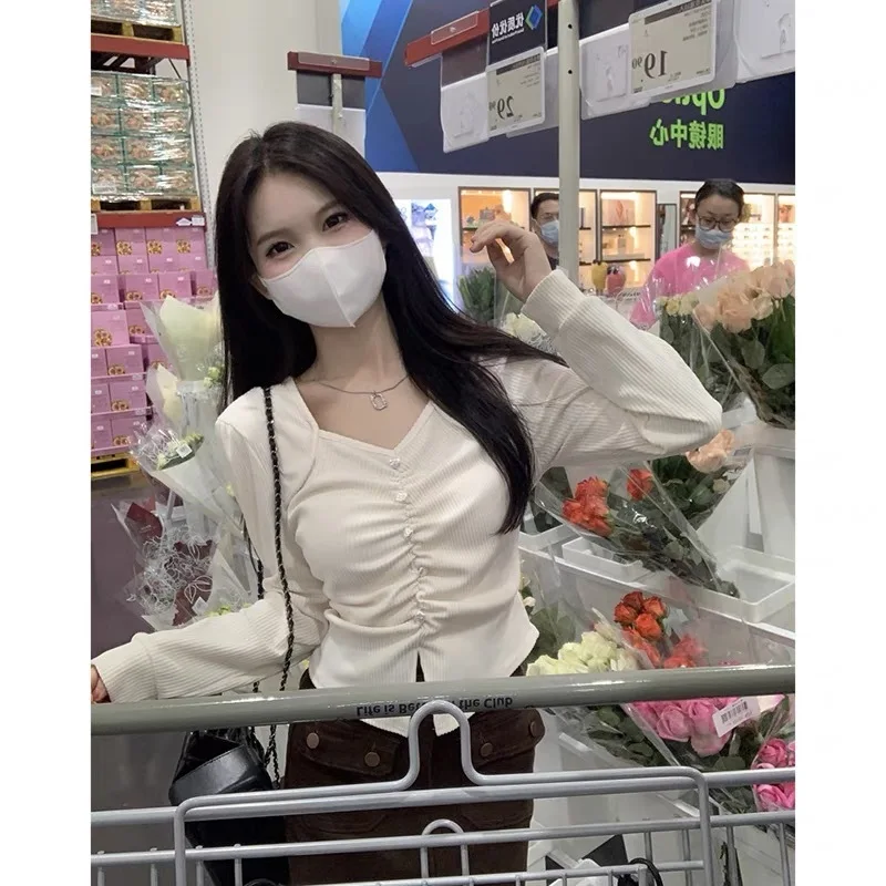 تي شيرت نسائي طويل الأكمام من القطن القوطي الأنيق مع ياقة مربعة وحواف من الدانتيل لنمط ملابس الشارع اليومية للخريف #6