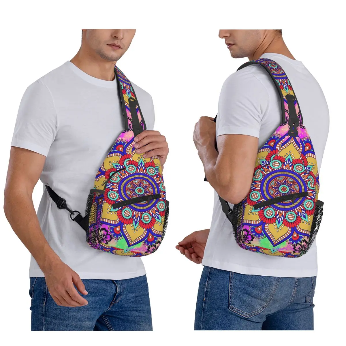 Bohemia Ethnic Mandala Flower Pattern Chest Bag Men Sling Crossbody Backpack Chest Bag Traveling Hiking Daypack Shoulder Bag