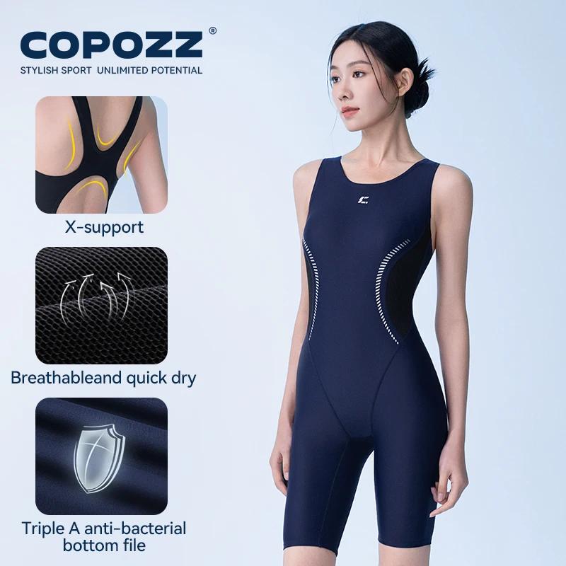 COPOZZ Female New One-Piece Swimsuit Solid Sleeveless Hollow Out V Collar Summer Woman Swimming Sport Adult Slim Swimsuit Beach