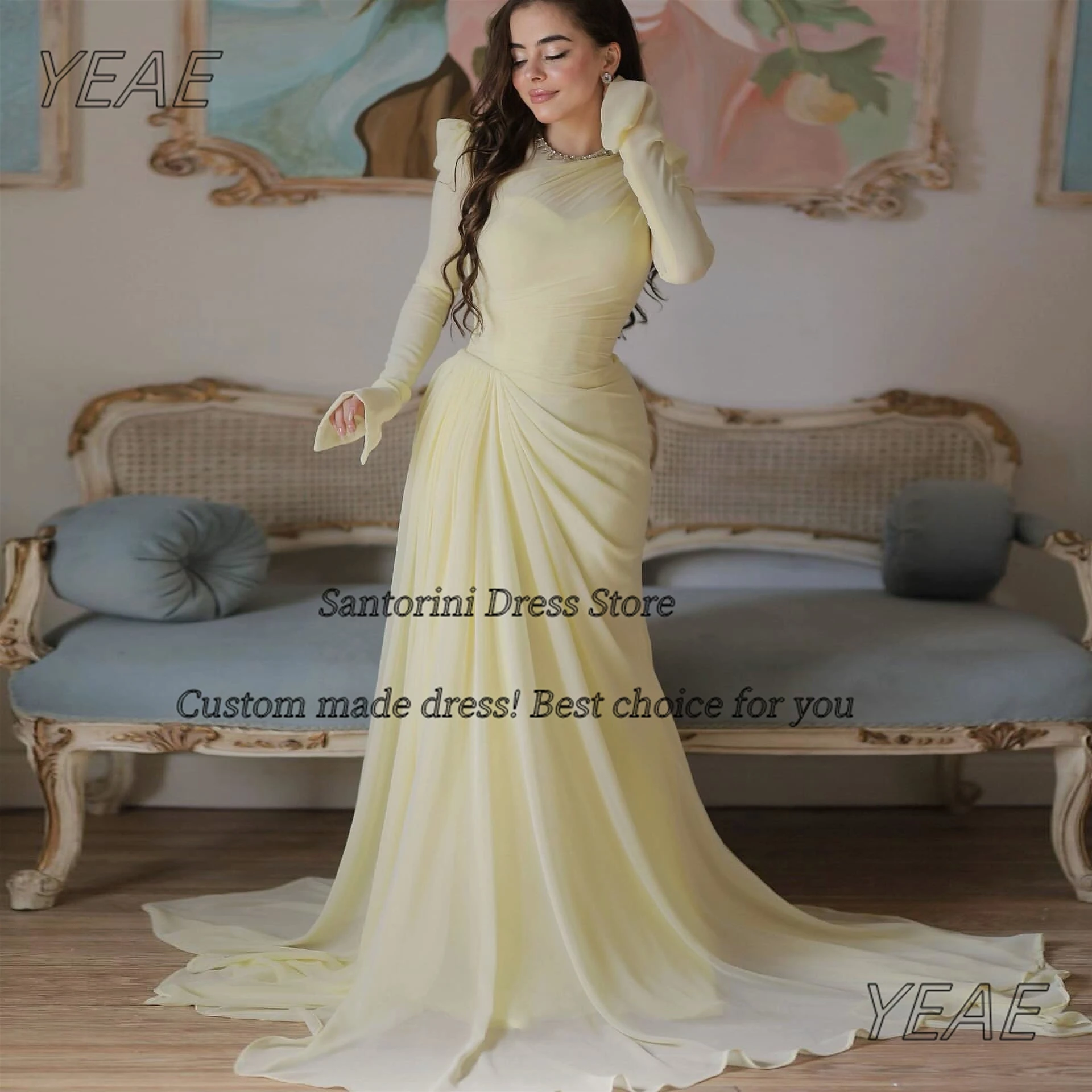 Santorini Evening Dresses Saudi Women Wear Long Sleeves Prom Dress Ruched Sweep Train Vestidos Des Noches Customized
