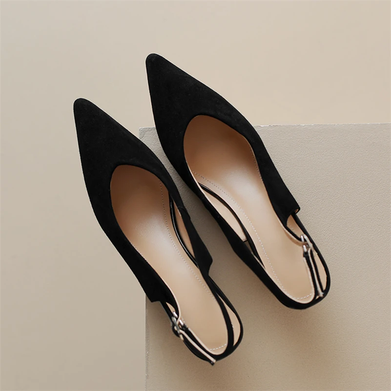 Meotina Women Natural Genuine Leather Slingbacks Pumps Pointed Toe High Heels Shallow Strange Style Shoes Ladies Fashion Black