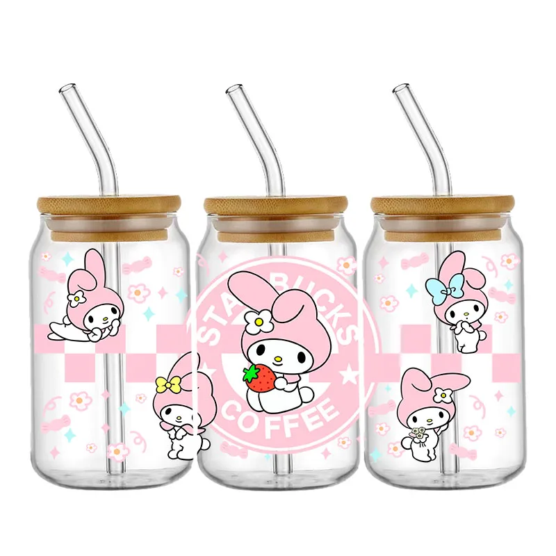 My Melody Sanrio Cute Pink UV DTF Wraps Sticker DIY For 16oz Cup Phone Laptop Waterproof Decals Coffee Cup Sticker