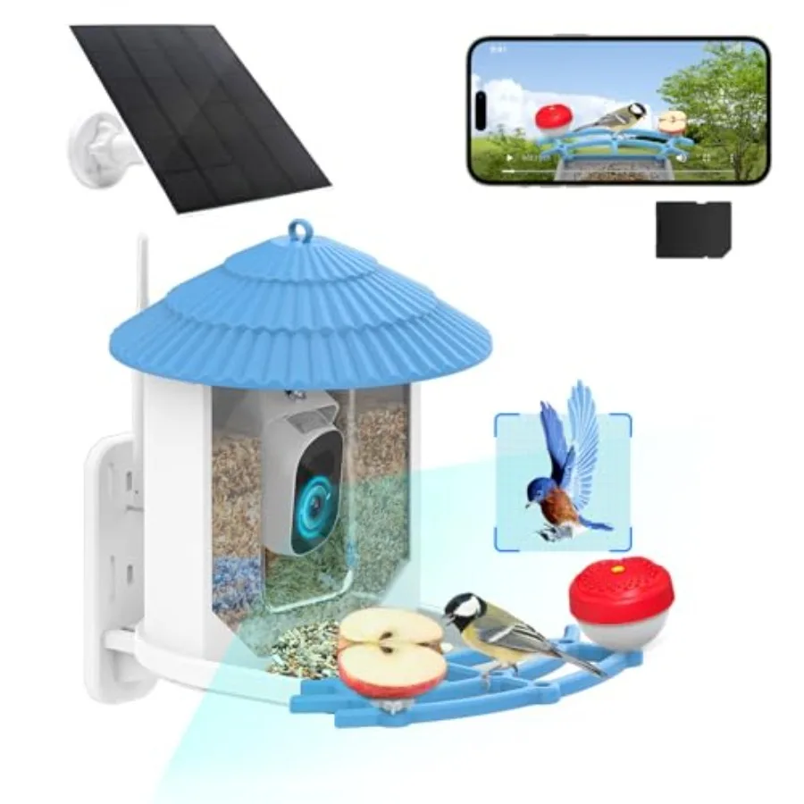 

Умная кормушка для птиц с камерой, на солнечной энергии, камера для наблюдения за птицами 2K с ночным видением, ИИ-идентификацией, автоматической записью и просмотром видео в реальном времени