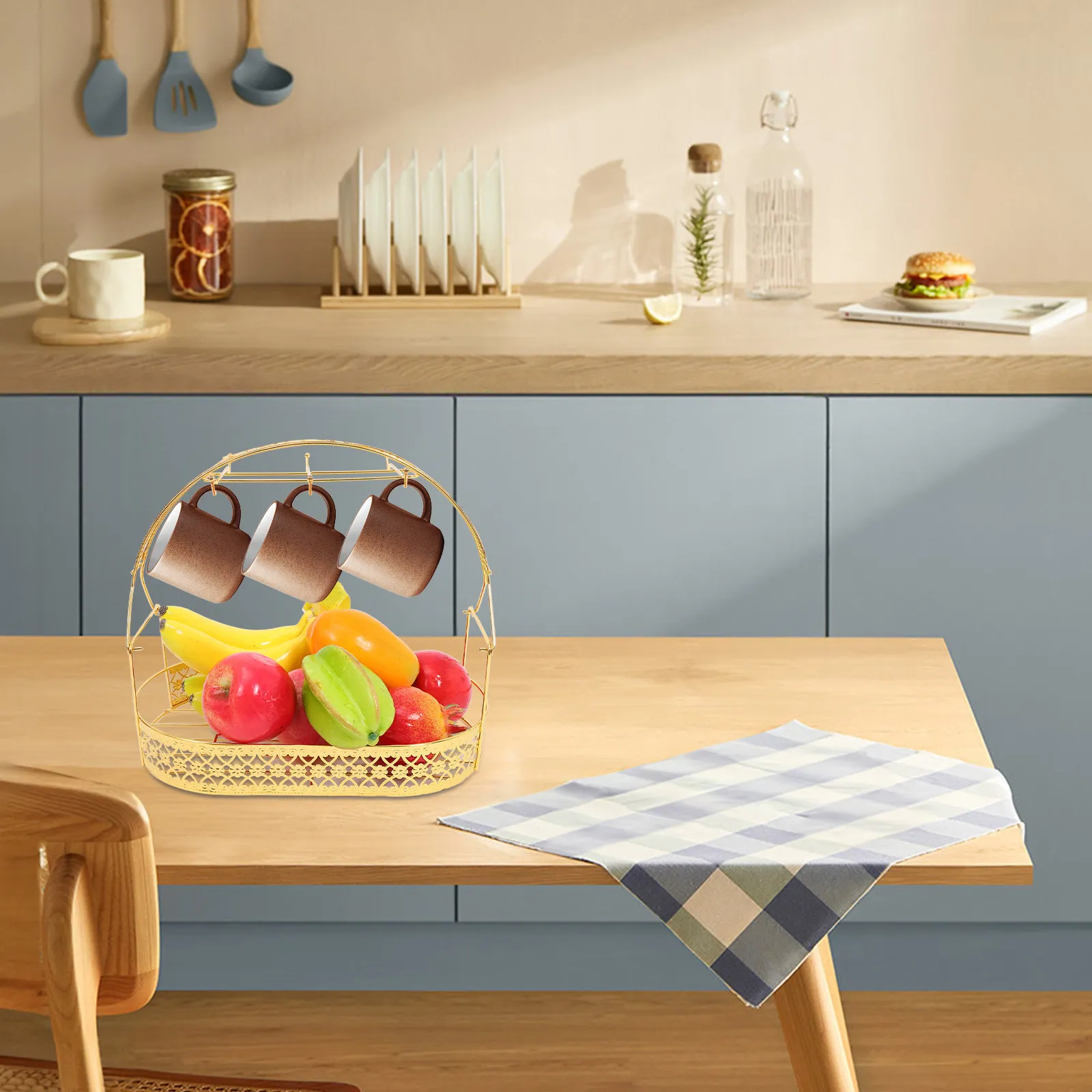 

Золотая кованая подставка для чашек с 6 крючками, органайзер для кофейных кружек, полка для хранения плоских чашек, корзина для кухни и демонстрации украшений