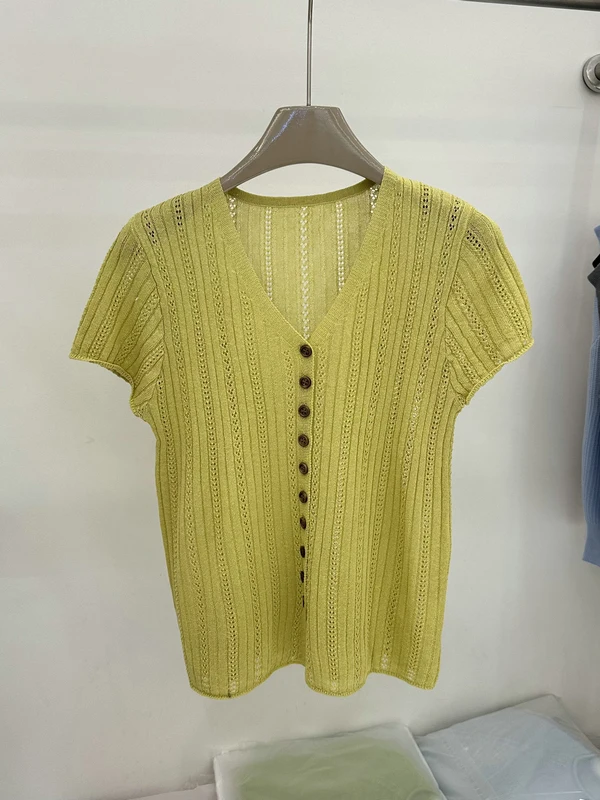 

Нежная вязаная женская рубашка из льна с вырезами и вертикальными полосками, дышащая, на одной пуговице, с V-образным вырезом, весна-лето