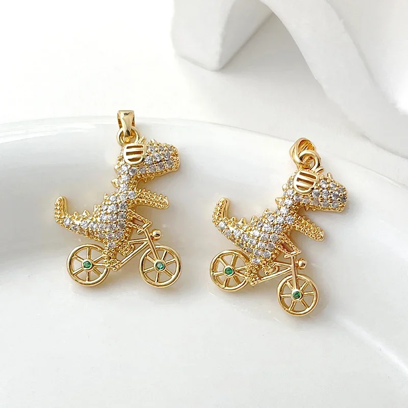 2 Pieces  Brass Plated with 18K Gold Zircon Inlay  Dinosaur Bicycle Pendant  DIY Create Fashion Jewelry Discovery Accessories
