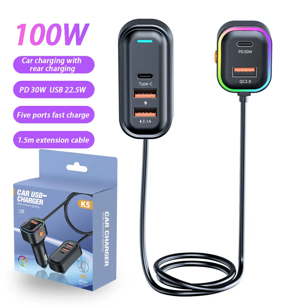 Caricabatteria da auto da 100W con carica posteriore tre caricabatterie USB per telefono da auto Type-C PD ricarica rapida per IPhone Xiaomi Huawei