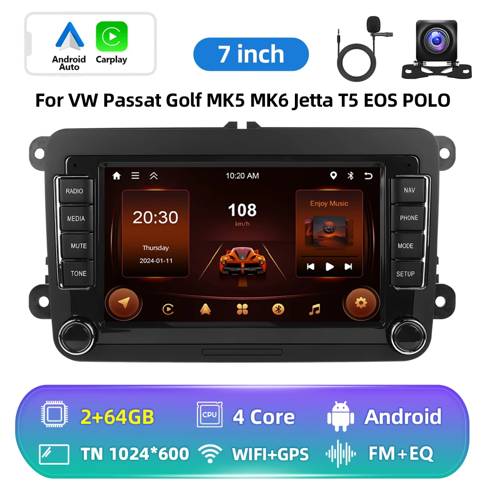 Podofo 6+128G Android 2Din autoradio met Carplay, Android Auto, GPS, FM-ontvanger, AI-stem, DSP voor VW, Seat, Skoda, PASSAT, GOLF
