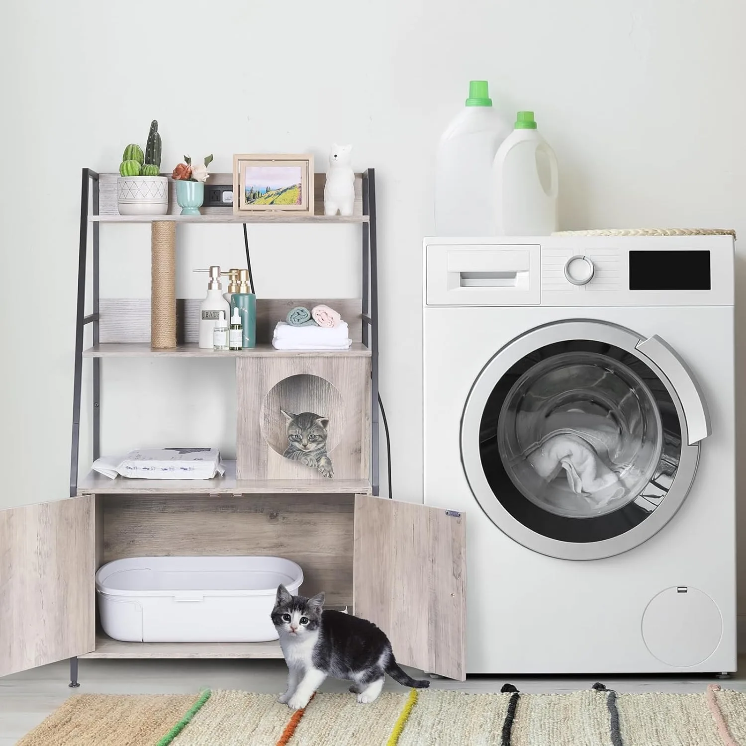 حاوية فضلات القطط الطويلة موفرة للمساحة مع رفين ومحطة شحن، صندوق فضلات يخفي لمعظم الأحجام (أسود)