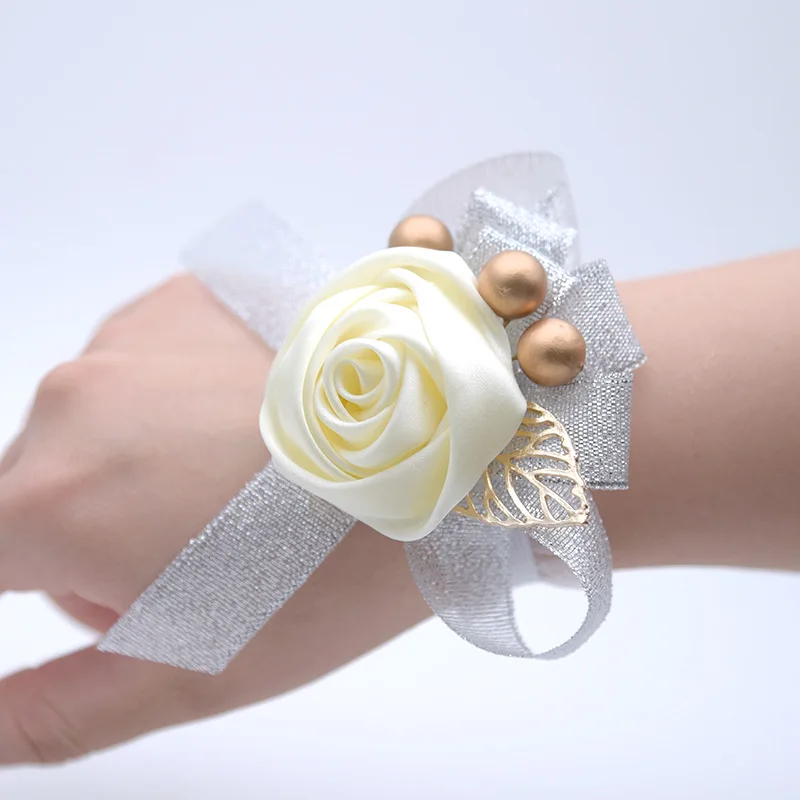 Grijs Rose Bloemen Zijden Strik Huwelijk Accessoires Pols Corsage Bruiloft Armband Bruidsmeisje Party Leveranciers