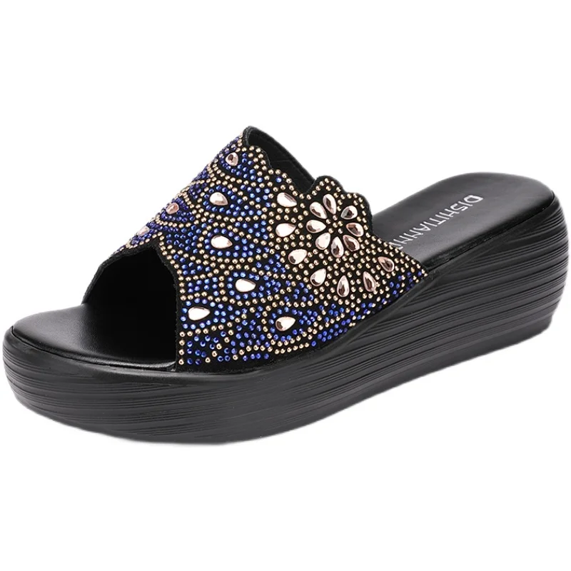 Zapatillas de verano con diamantes de imitación para mujer, cuñas cómodas, transpirables, informales, a la moda, novedad