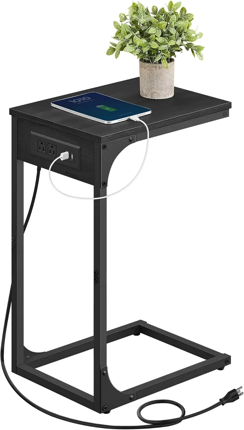 

C-Shaped Side Table, End Table with Charging Station, C Table for Couch, Sofa, Adjustable Feet, for Bedroom, Living Room, 2 U