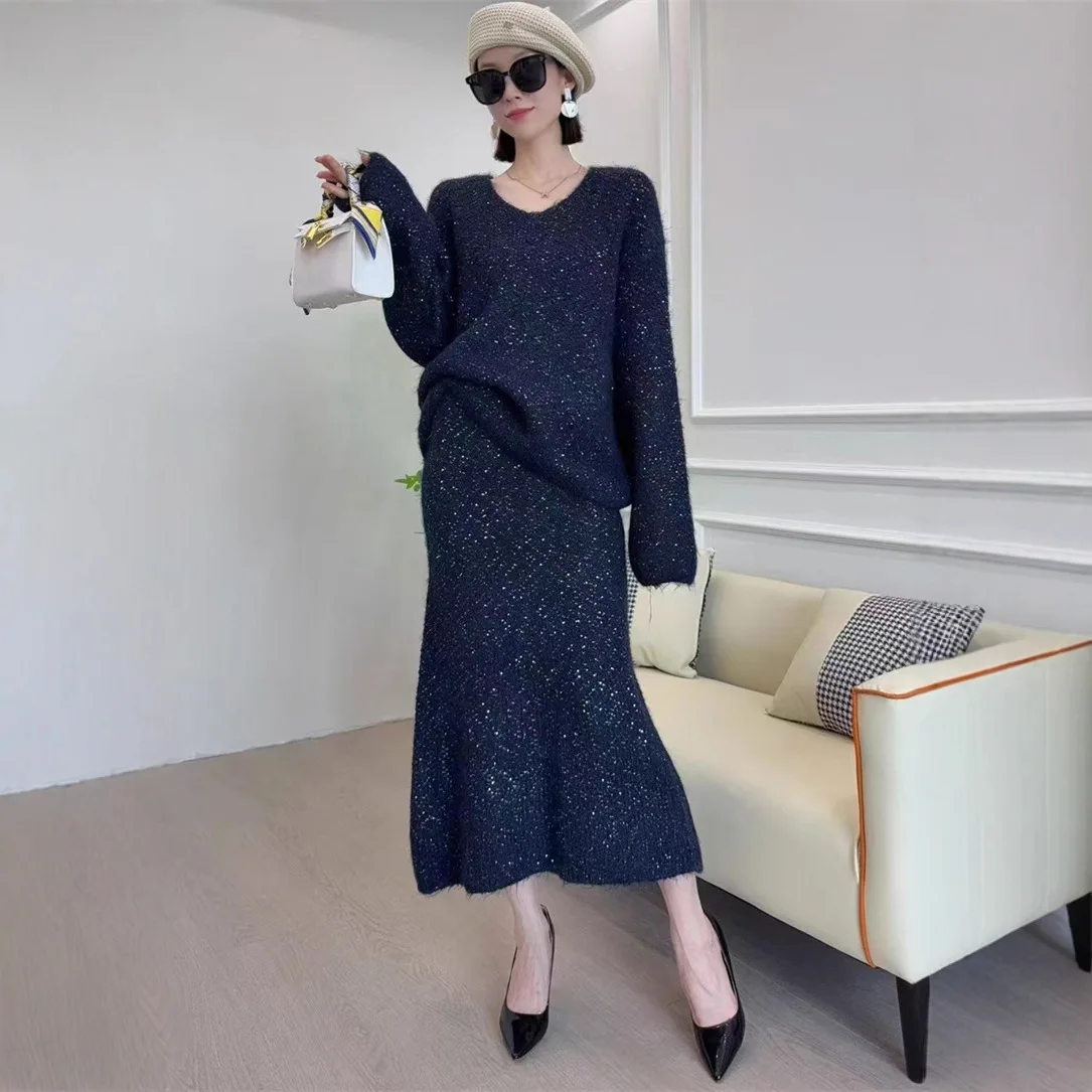 

Sweater Women's Elastic Waist Fishtail Skirt Two-piece Set Autumn and Winter New Sequin Knit Sweater Set