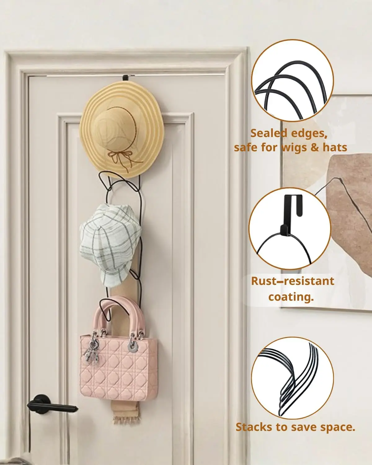 10 Pack Hat Rack Hanger for Closet Storage, Hanging Baseball Cap Organizer with Hooks for Scarves Handbags Towels, Black view 6