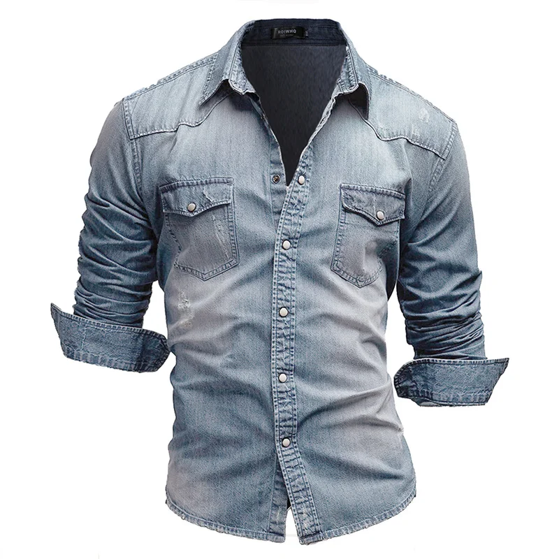 2023 Vintage Long Sleeve Denim Shirt Men Splicing Pocket Single-breasted Cardigan Tops Casual Blouse Youth Male Trend Streetwear