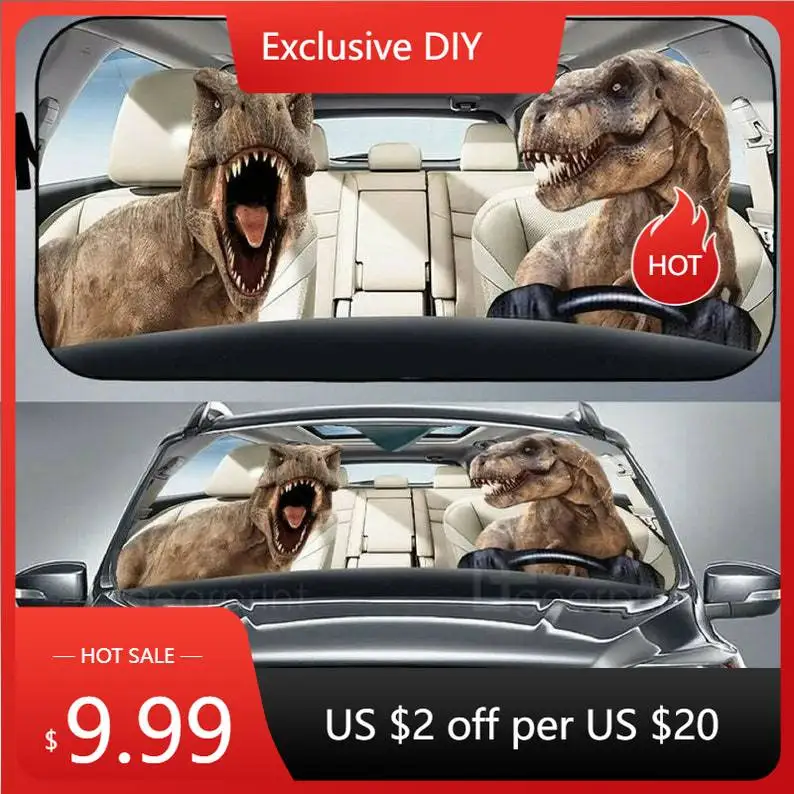 

Friday Stuff Driving Car Couple Dinosaur Sunshade Funny Couple T Rex Windshield Car Sunshade