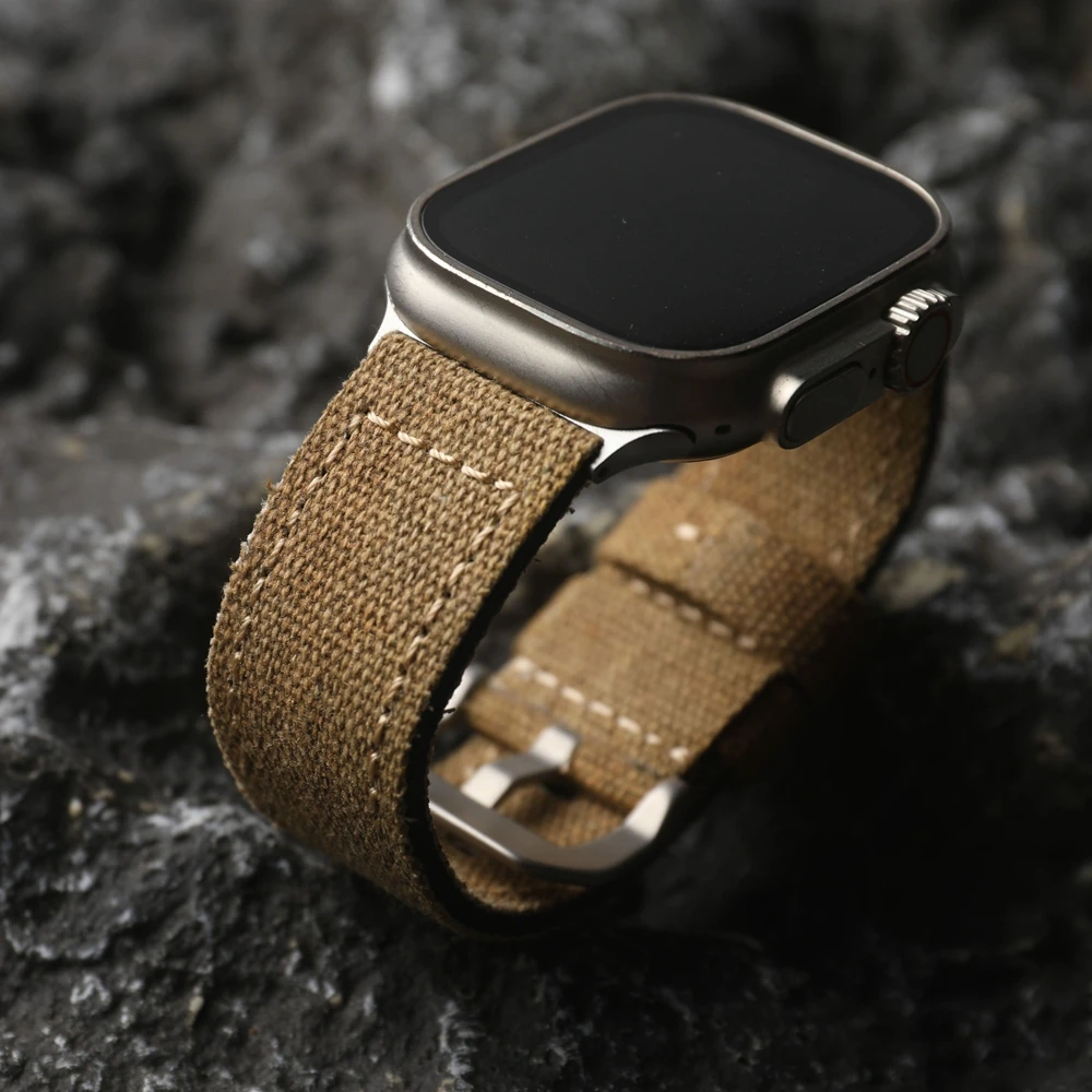 Doppeltes Canvas für Armband, passend für iWatch Apple Watch 49MM 45MM 44MM 42MM Robustes Herrenarmband, grün-braunes Vintage-Armband