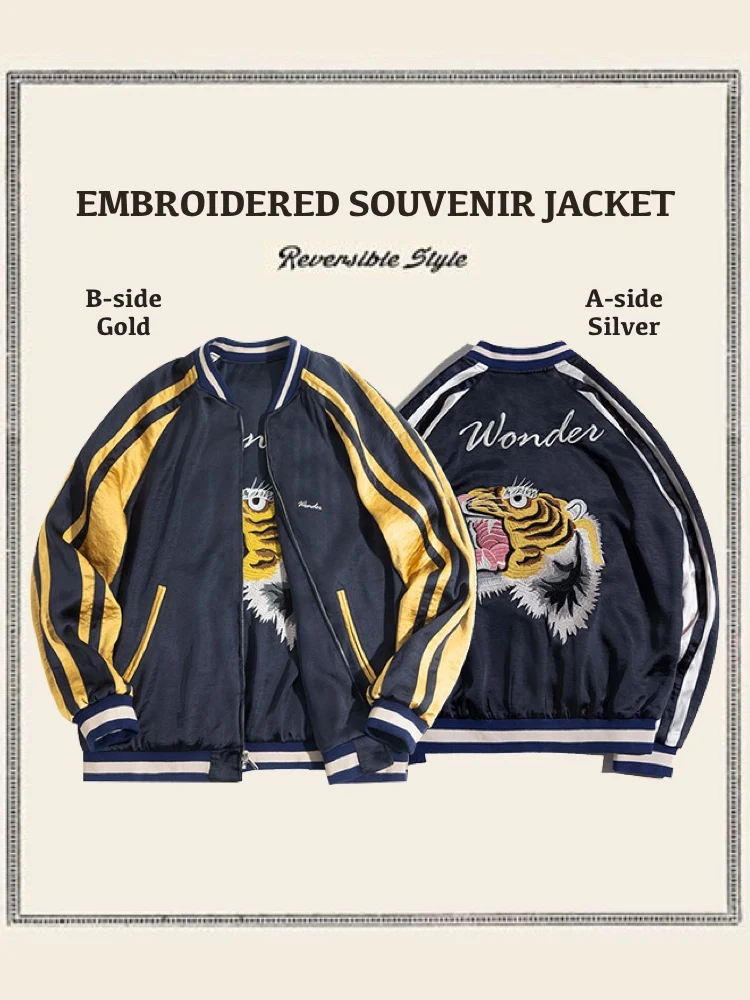 

Yokosuka Tiger Head Double-Sided Wear Gold And Silver Baseball Jaet Youth Faion Loose Fit Embroidery irt for Teens