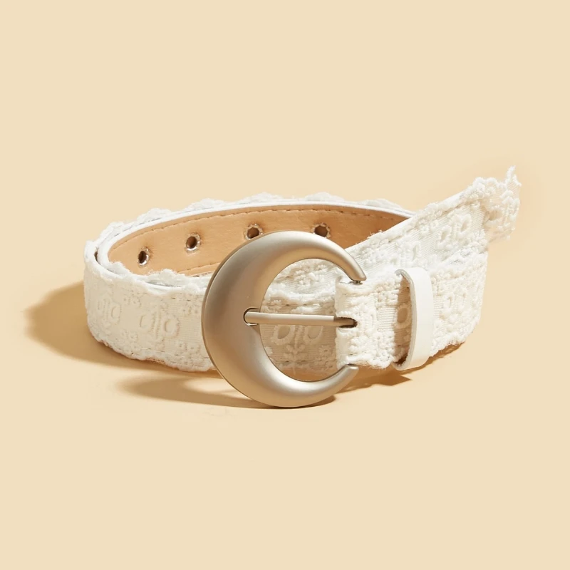 

New Instagram-style White Lace Belt Leather Belt with A Crescent-shaped Metal Buckle for Decorating Women's Jeans Streetwear
