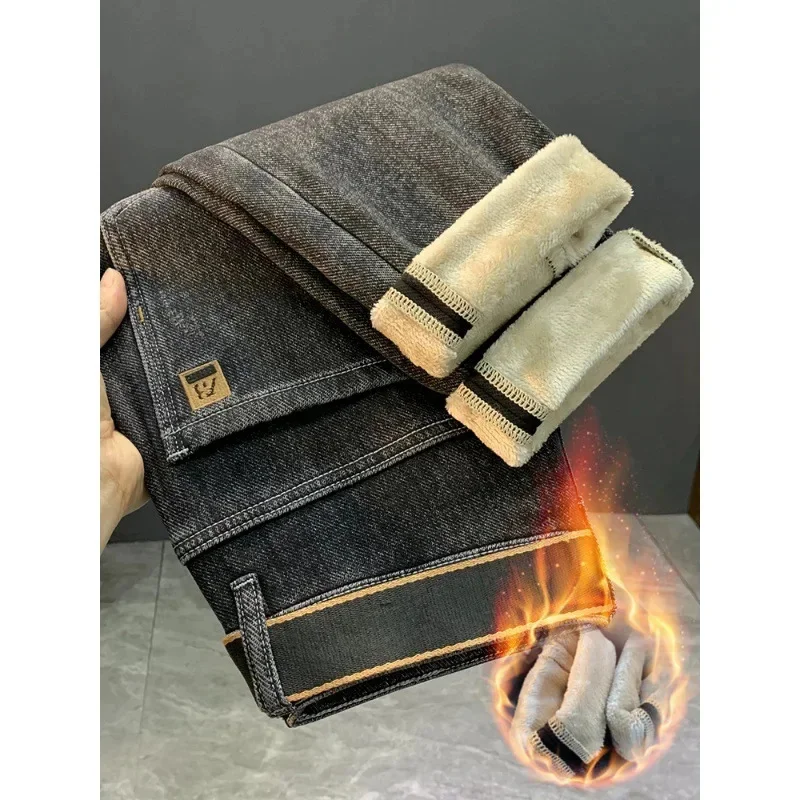 Pantalones vaqueros gruesos con forro polar de cachemira para hombre, pantalones rectos micro holgados cálidos y de moda para invierno